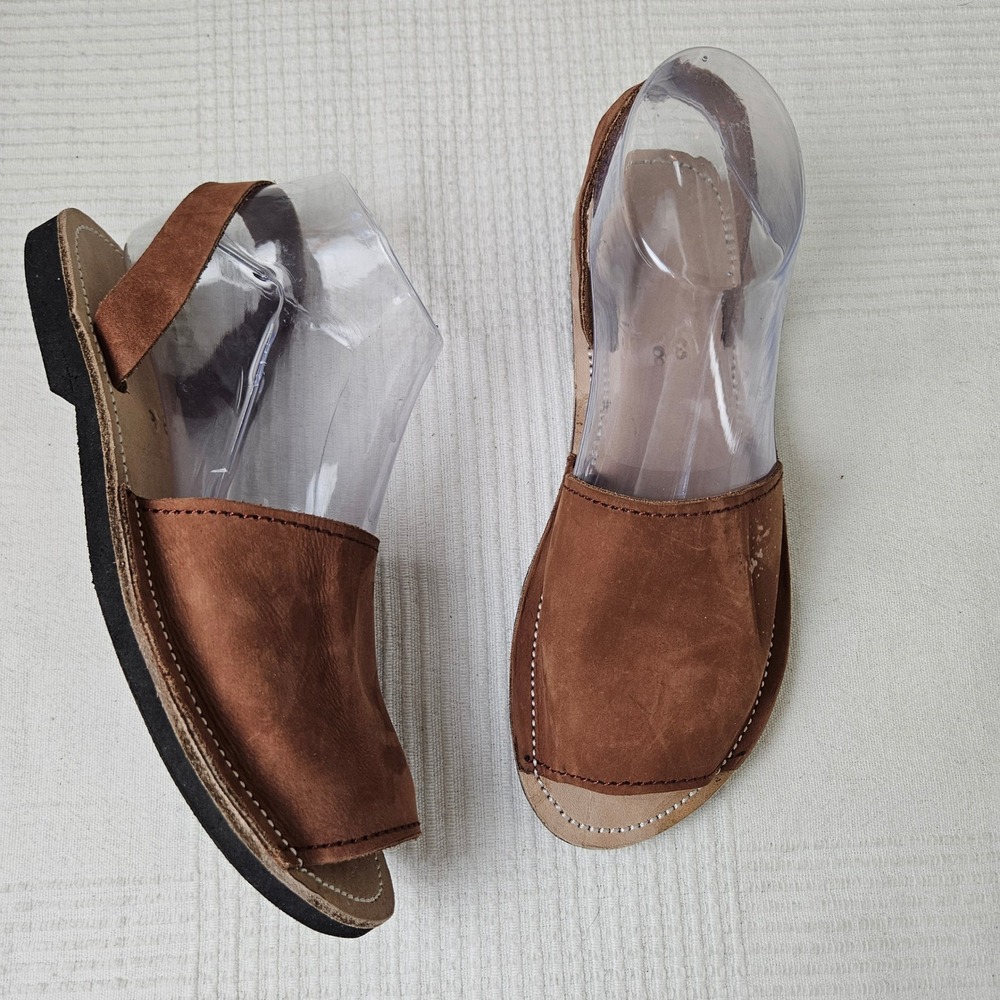 Handmade Slip On Leather Sandals Sz 38 7.5 8‎ Brown Shoes Slingback